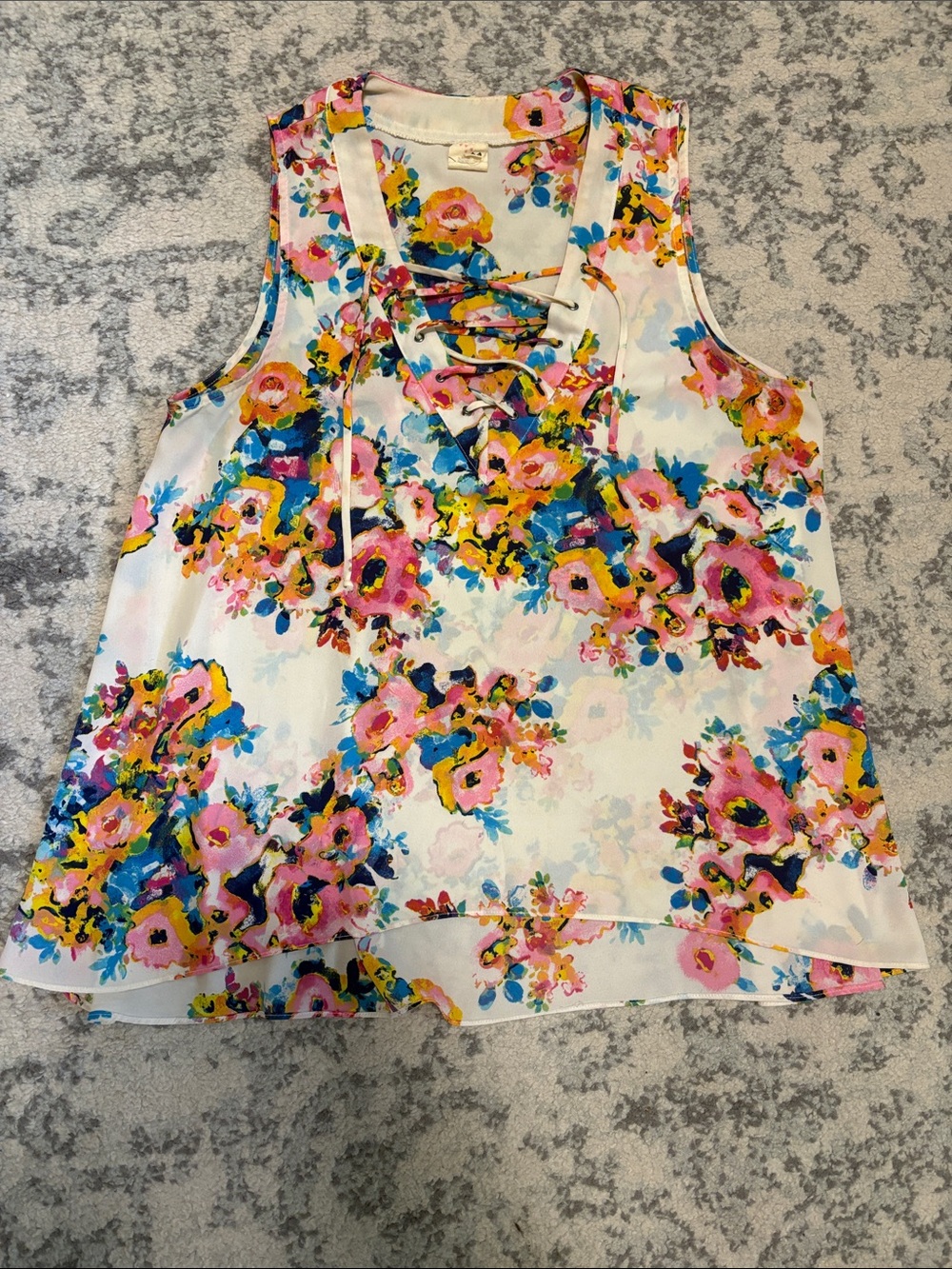 Pink Owl Floral Lace-Up Tank Top — Pink, Blue, Yellow